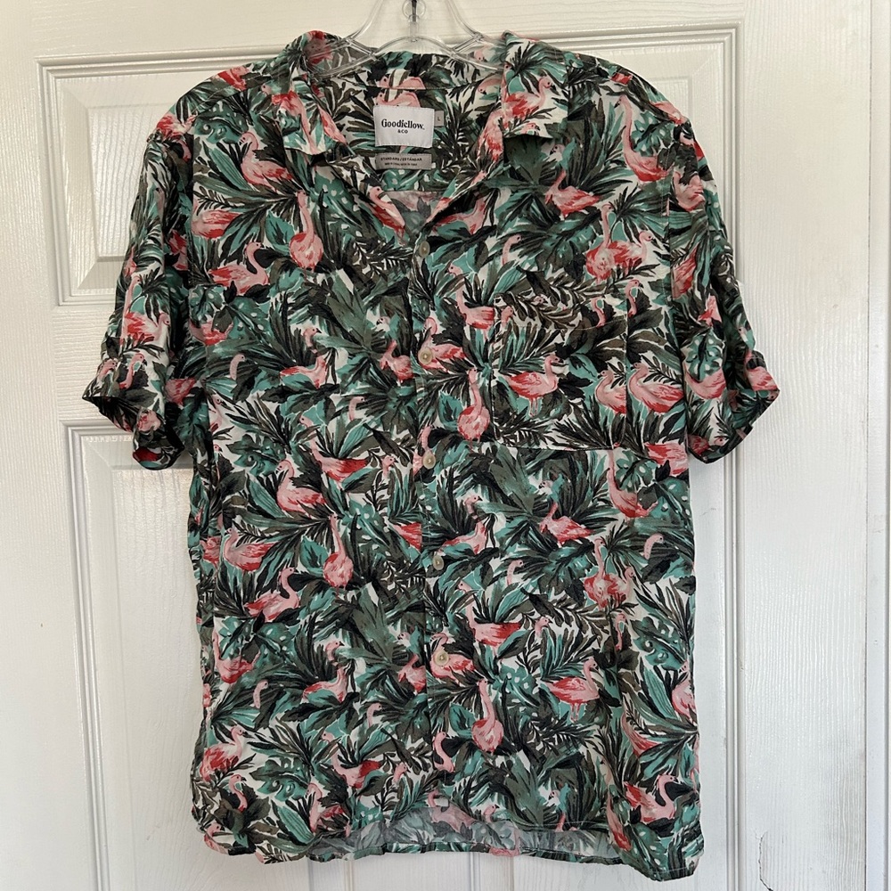 Goodfellow & Co | Flamingo/Floral Green Short Sleeve Standard Button Up Shirt